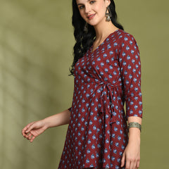 Floral Print Angrakha 3\4 Sleeves Flared Kurti