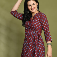 Floral Print Angrakha 3\4 Sleeves Flared Kurti