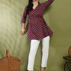 Floral Print Angrakha 3\4 Sleeves Flared Kurti