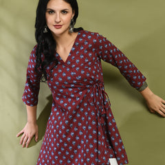 Floral Print Angrakha 3\4 Sleeves Flared Kurti