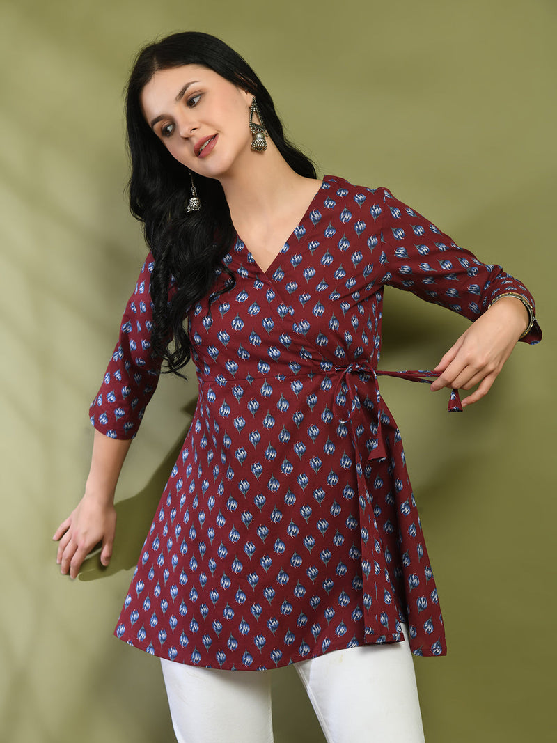 Floral Print Angrakha 3\4 Sleeves Flared Kurti