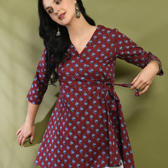 Floral Print Angrakha 3\4 Sleeves Flared Kurti