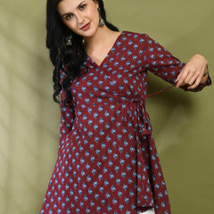 Floral Print Angrakha 3\4 Sleeves Flared Kurti