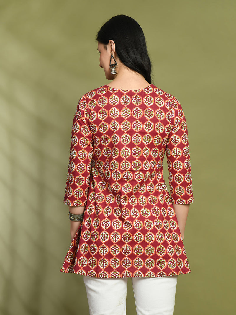 Floral Print Angrakha 3\4 Sleeves Flared Kurti