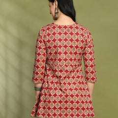 Floral Print Angrakha 3\4 Sleeves Flared Kurti