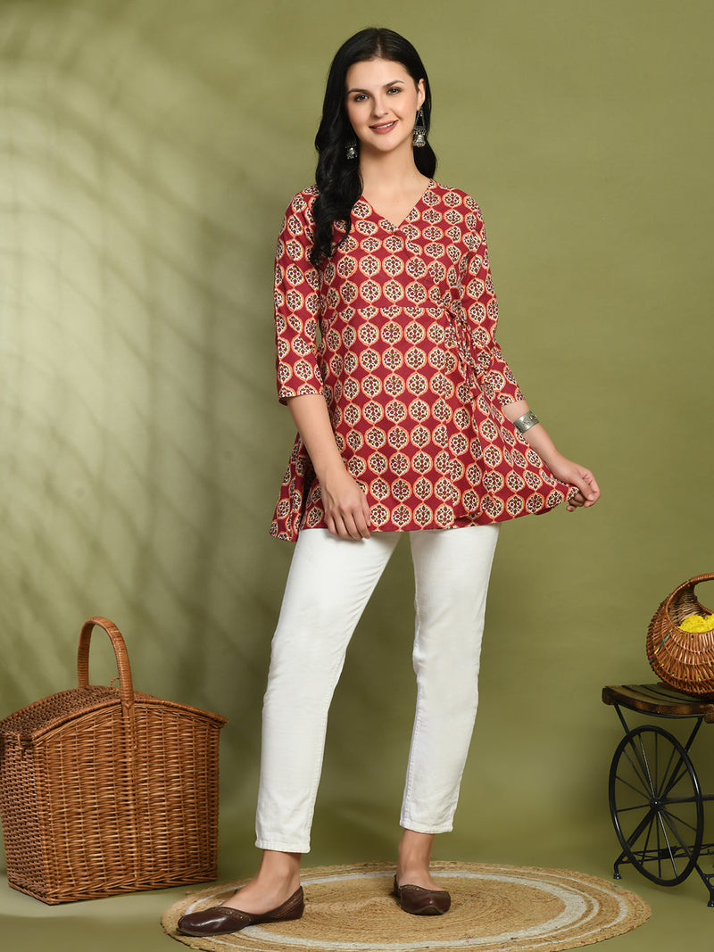Floral Print Angrakha 3\4 Sleeves Flared Kurti