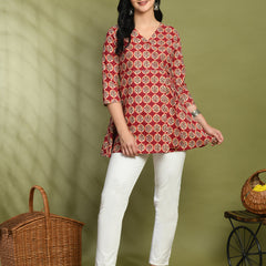 Floral Print Angrakha 3\4 Sleeves Flared Kurti