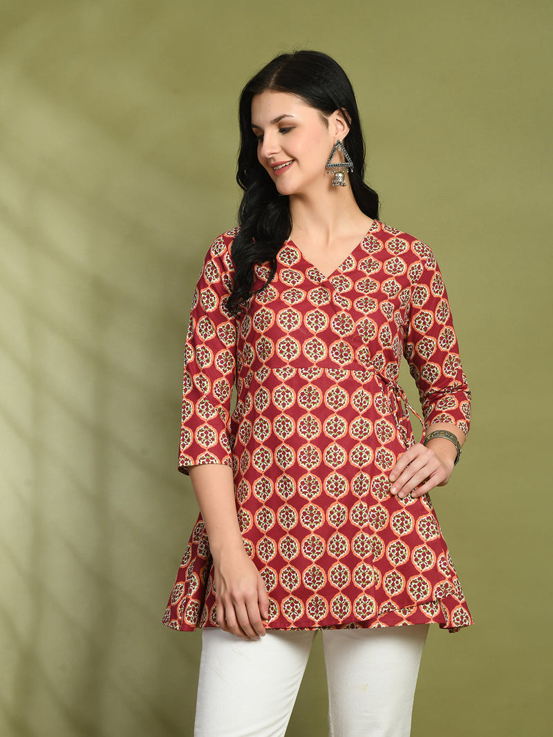 Floral Print Angrakha 3\4 Sleeves Flared Kurti