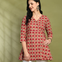 Floral Print Angrakha 3\4 Sleeves Flared Kurti