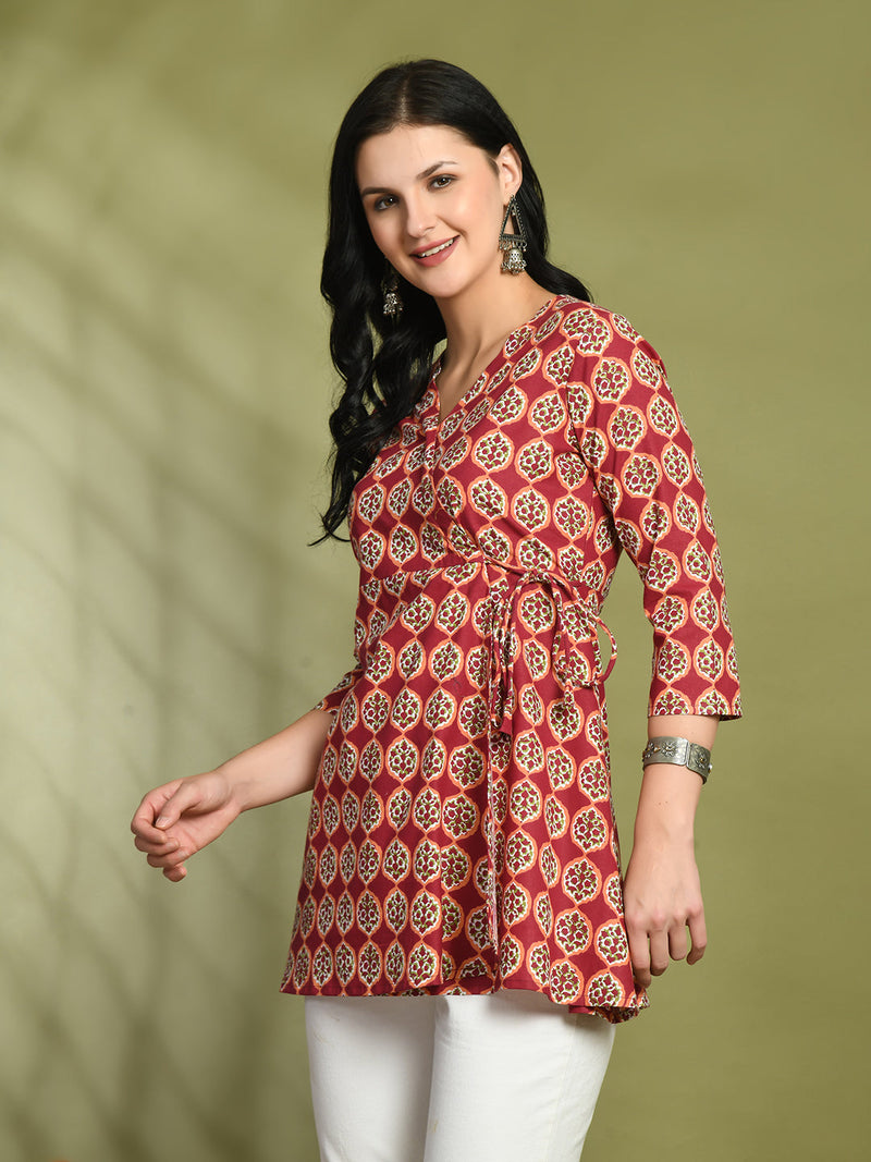 Floral Print Angrakha 3\4 Sleeves Flared Kurti