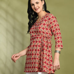 Floral Print Angrakha 3\4 Sleeves Flared Kurti