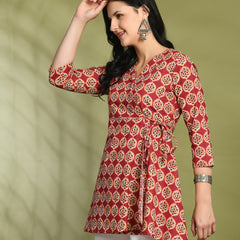 Floral Print Angrakha 3\4 Sleeves Flared Kurti