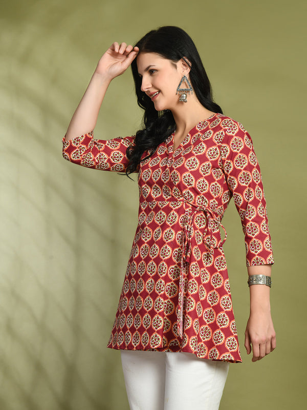 Floral Print Angrakha 3\4 Sleeves Flared Kurti