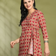 Floral Print Angrakha 3\4 Sleeves Flared Kurti