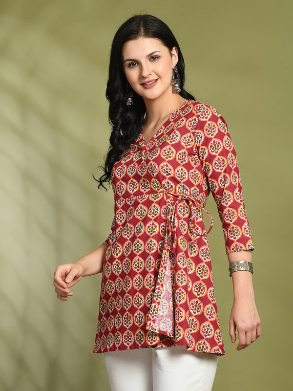 Floral Print Angrakha 3\4 Sleeves Flared Kurti