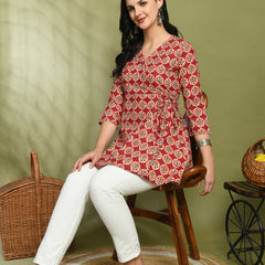 Floral Print Angrakha 3\4 Sleeves Flared Kurti