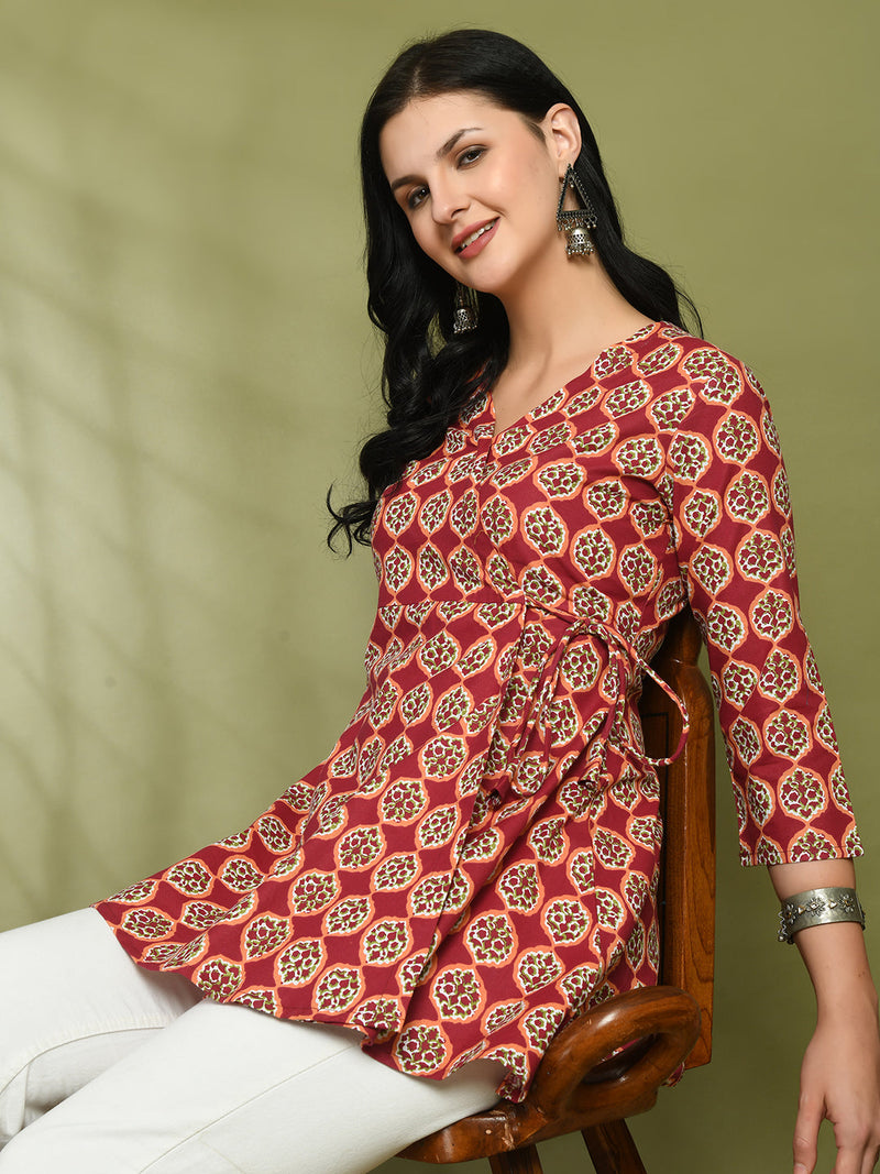 Floral Print Angrakha 3\4 Sleeves Flared Kurti