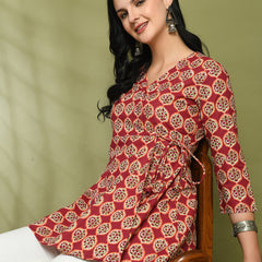 Floral Print Angrakha 3\4 Sleeves Flared Kurti