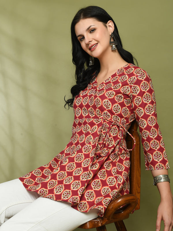 Floral Print Angrakha 3\4 Sleeves Flared Kurti