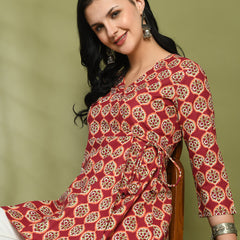 Floral Print Angrakha 3\4 Sleeves Flared Kurti