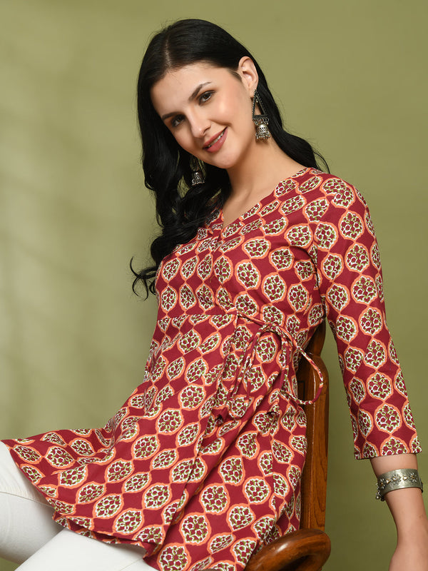 Floral Print Angrakha 3\4 Sleeves Flared Kurti