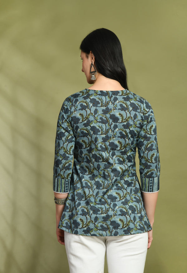 V-Neck Floral Print Peplum Short Kurti