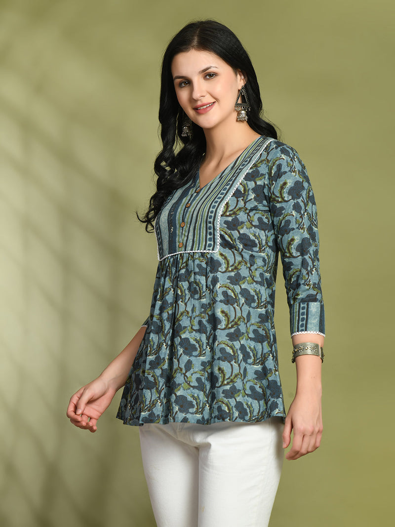V-Neck Floral Print Peplum Short Kurti