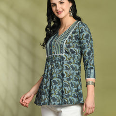 V-Neck Floral Print Peplum Short Kurti