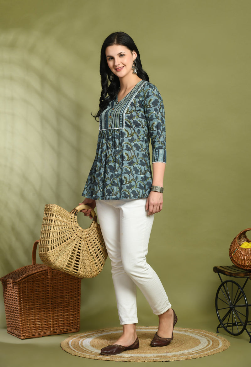 V-Neck Floral Print Peplum Short Kurti