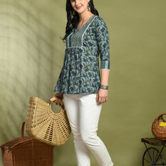 V-Neck Floral Print Peplum Short Kurti