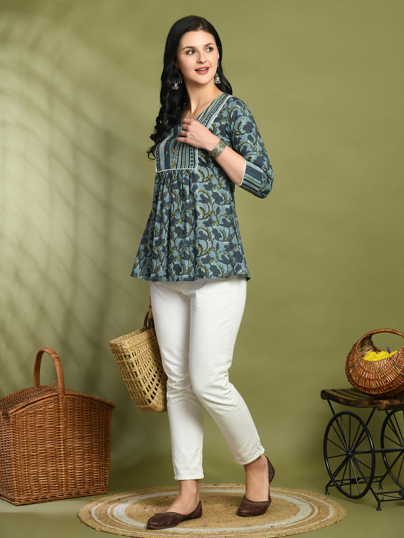 V-Neck Floral Print Peplum Short Kurti