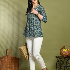 V-Neck Floral Print Peplum Short Kurti