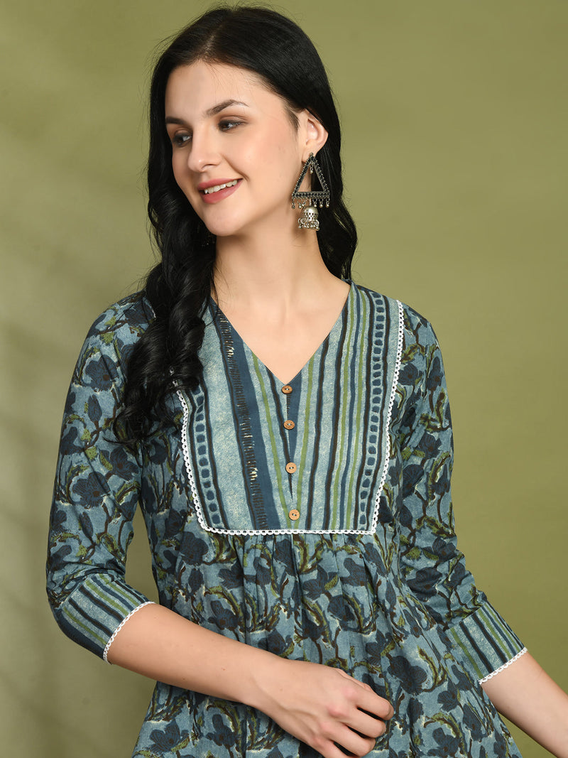 V-Neck Floral Print Peplum Short Kurti