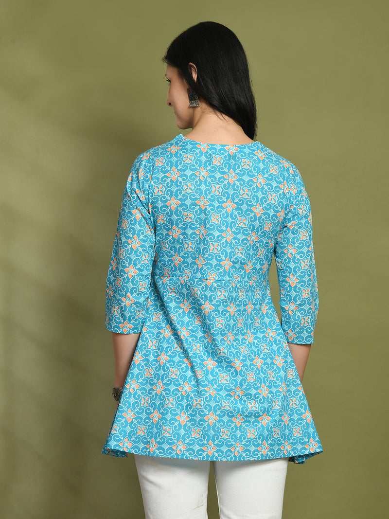 Floral Print Angrakha 3\4 Sleeves Flared Kurti