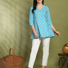 Floral Print Angrakha 3\4 Sleeves Flared Kurti