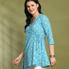 Floral Print Angrakha 3\4 Sleeves Flared Kurti