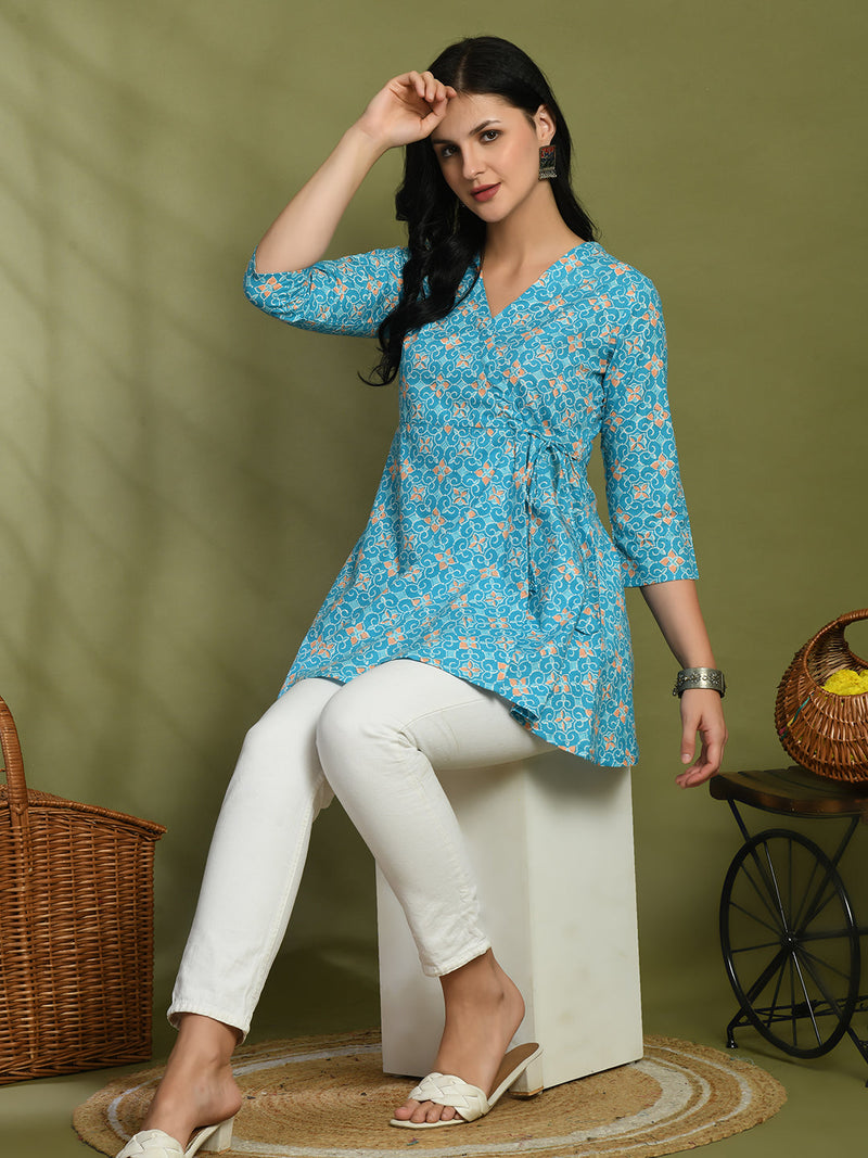 Floral Print Angrakha 3\4 Sleeves Flared Kurti