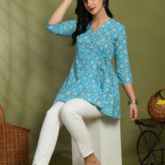 Floral Print Angrakha 3\4 Sleeves Flared Kurti