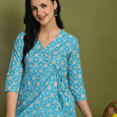 Floral Print Angrakha 3\4 Sleeves Flared Kurti