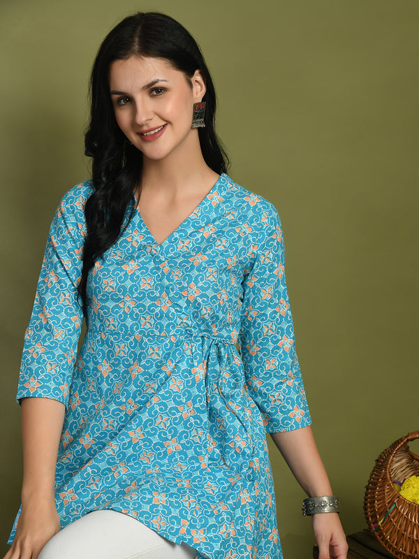 Floral Print Angrakha 3\4 Sleeves Flared Kurti