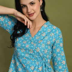 Floral Print Angrakha 3\4 Sleeves Flared Kurti