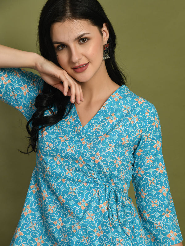 Floral Print Angrakha 3\4 Sleeves Flared Kurti