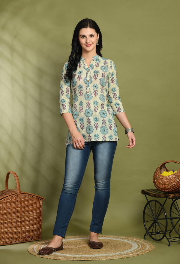 Ethnic Print Three Button Flared Kurti