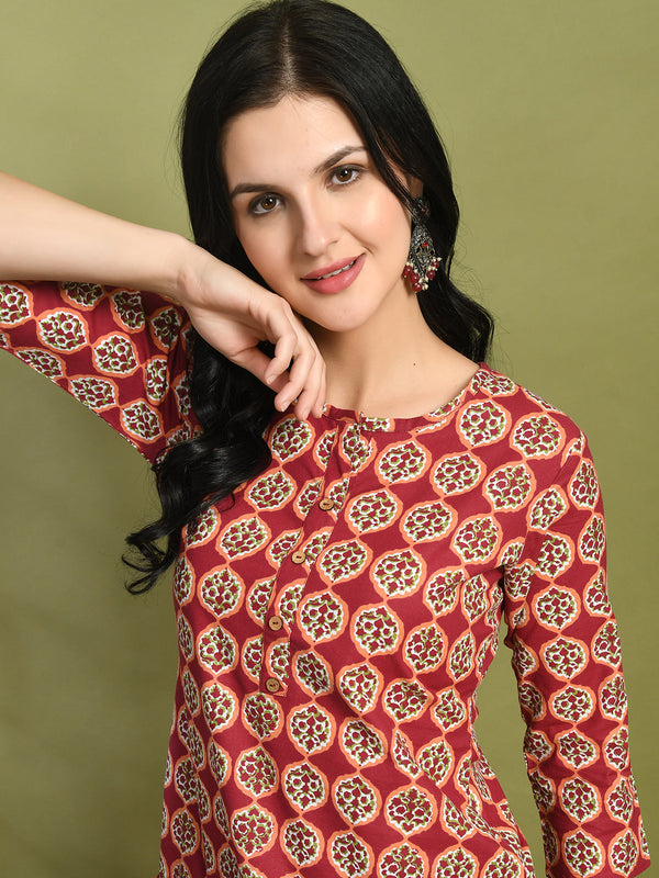 Floral Print 4 Button Straight Kurti