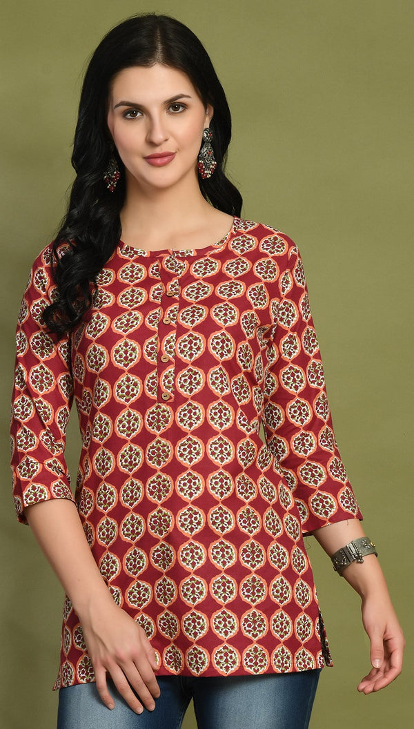 Floral Print 4 Button Straight Kurti