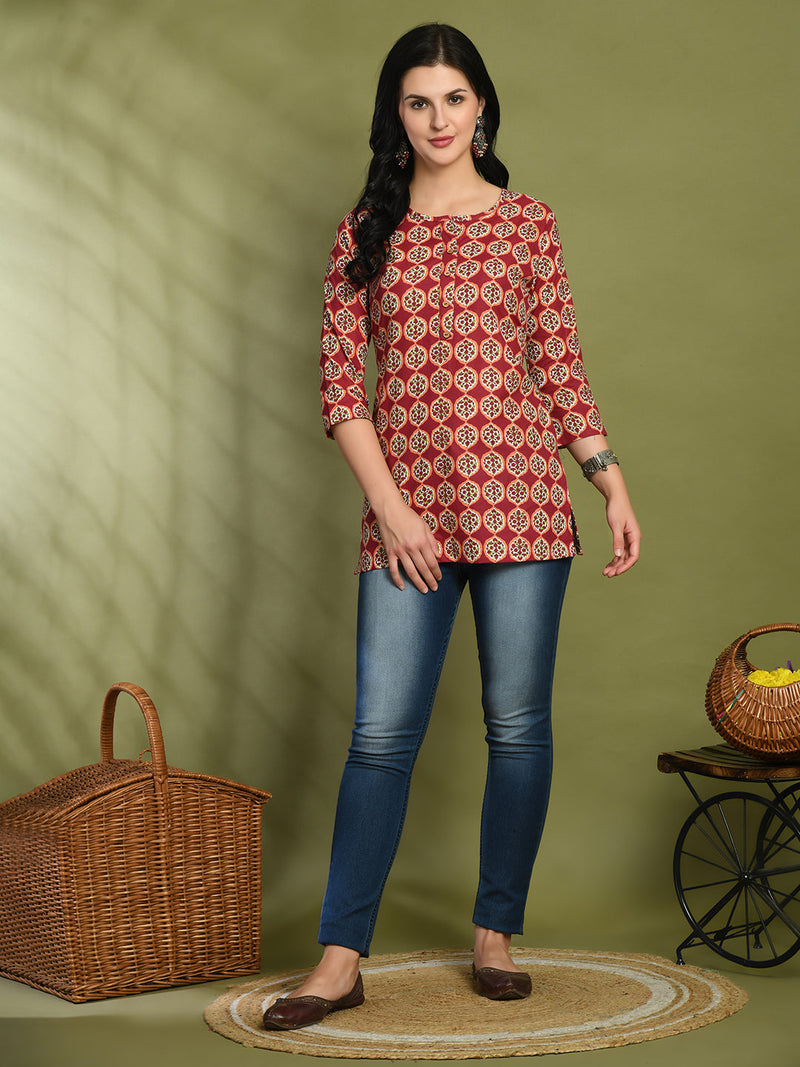 Floral Print 4 Button Straight Kurti