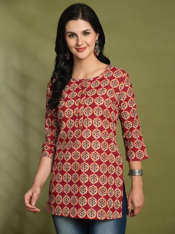 Floral Print 4 Button Straight Kurti