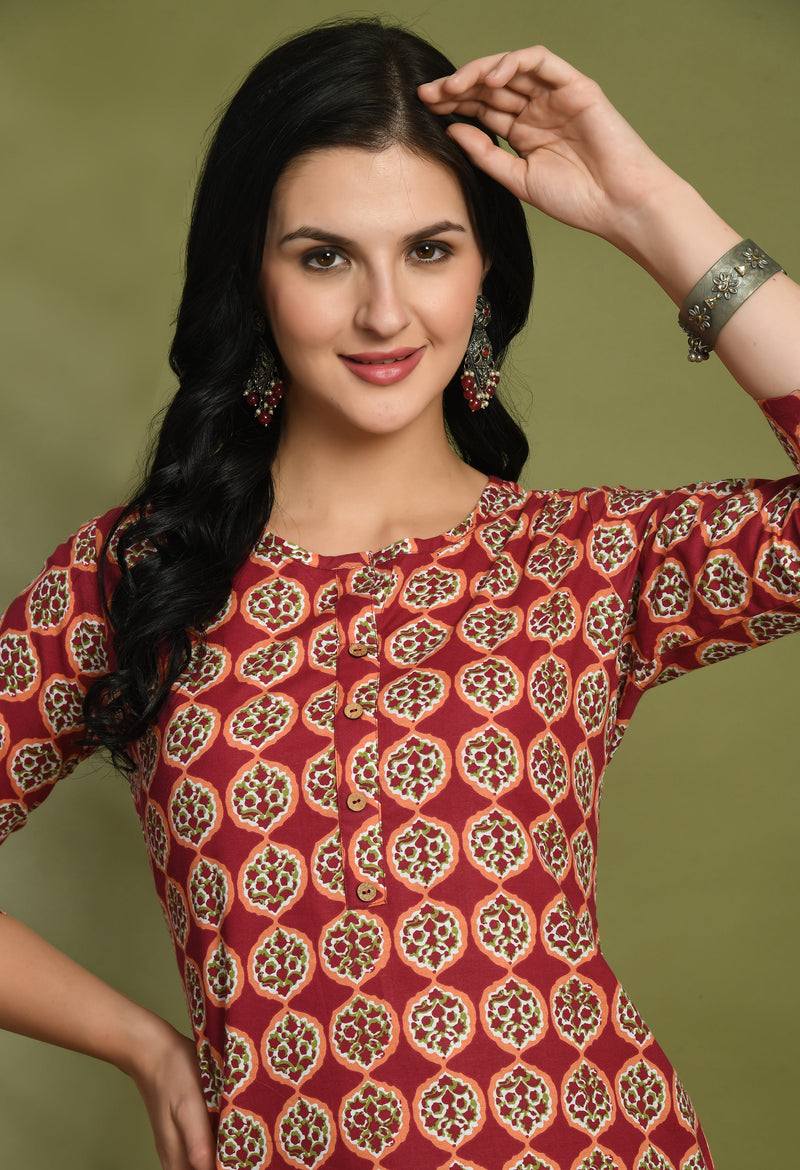 Floral Print 4 Button Straight Kurti