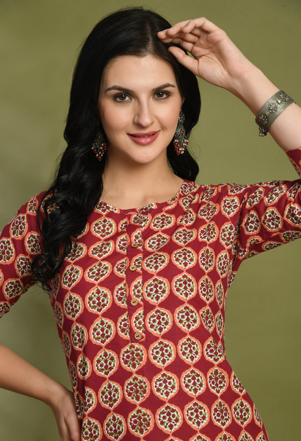 Floral Print 4 Button Straight Kurti