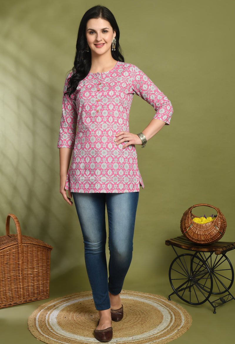 Floral Print 4 Button Straight Kurti